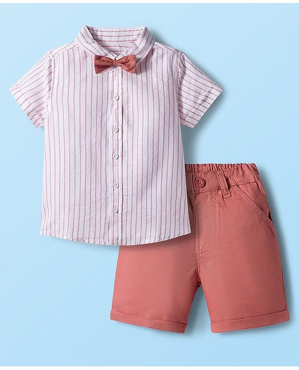 Babyhug Cotton Woven Half Sleeves Striped Shirt & Shorts Set with Bow - Pink