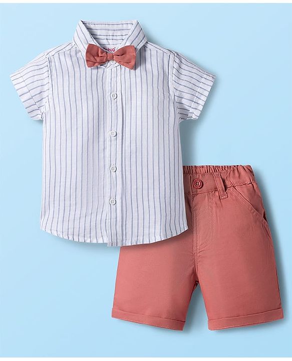 Babyhug Cotton Woven Half Sleeves Shirt & Shorts Set with Bow & Stripes - Rose Gold & White