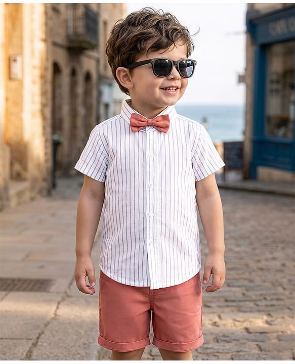 Babyhug Cotton Woven Half Sleeves Shirt & Shorts Set with Bow & Stripes - Rose Gold & White