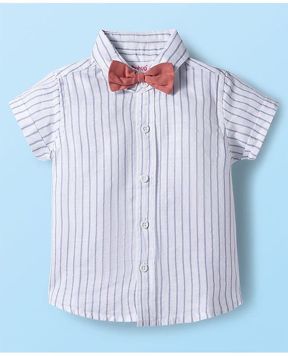 Babyhug Cotton Woven Half Sleeves Shirt & Shorts Set with Bow & Stripes - Rose Gold & White