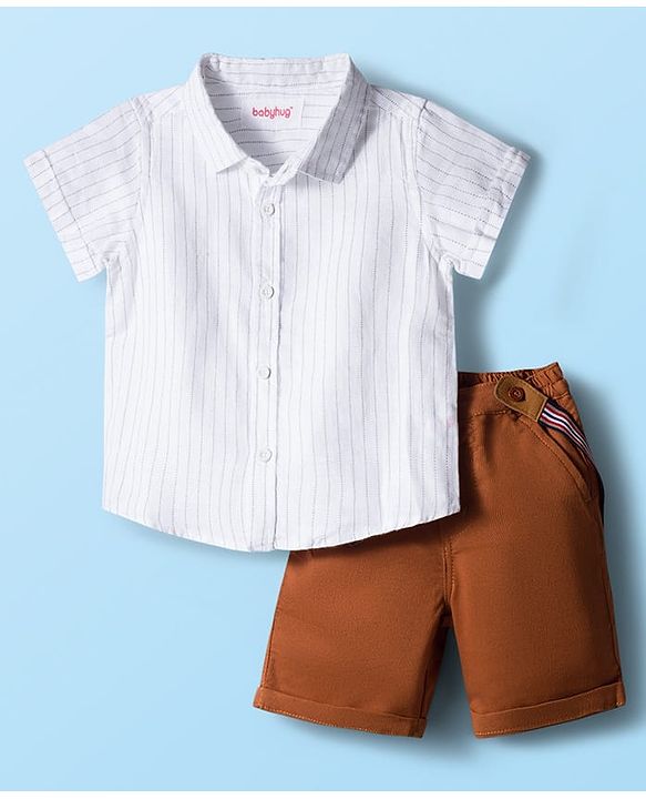 Babyhug Cotton Woven Half Sleeves Striped Shirt & Shorts Set with Suspender - White & Brown