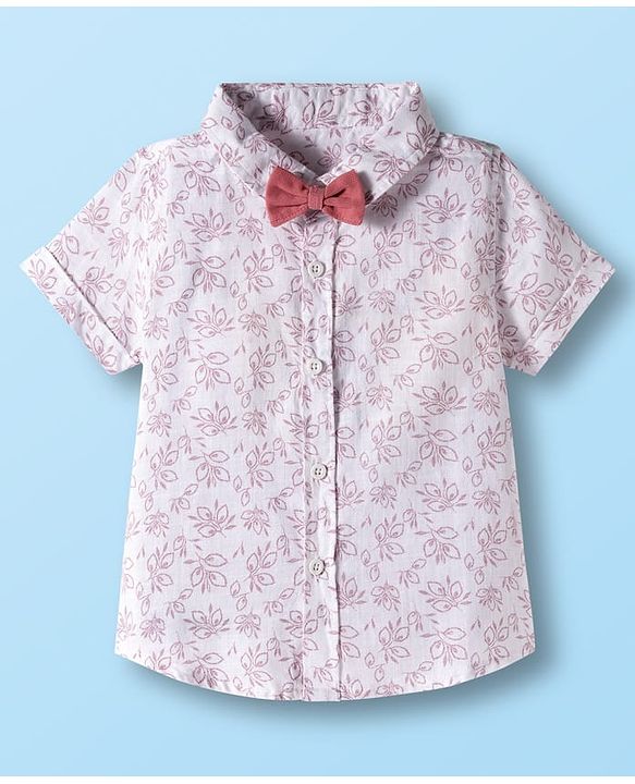 Babyhug Cotton Woven Half Sleeves Shirt & Shorts Set with Bow & Floral Print - Pink