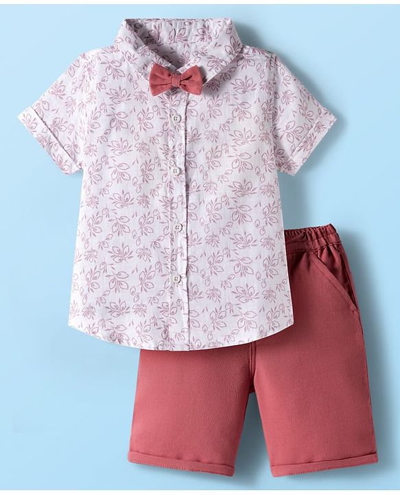 Babyhug Cotton Woven Half Sleeves Shirt & Shorts Set with Bow & Floral Print - Pink