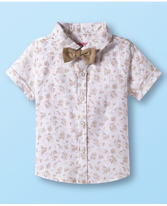 Babyhug Cotton Woven Half Sleeves Shirt & Shorts Set with Bow & Floral Print - Brown & Beige