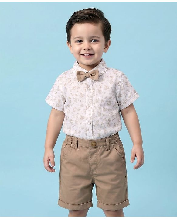 Babyhug Cotton Woven Half Sleeves Shirt & Shorts Set with Bow & Floral Print - Brown & Beige