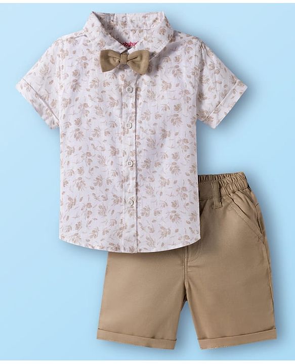 Babyhug Cotton Woven Half Sleeves Shirt & Shorts Set with Bow & Floral Print - Brown & Beige