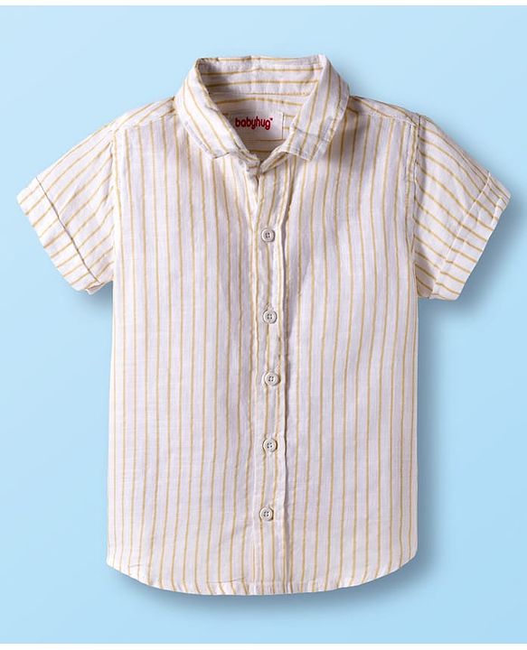 Babyhug Cotton Woven Half Sleeves Front-Open Shirt & Shorts Set with Bow & Stripes Print - White & Yellow