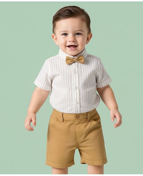 Babyhug Cotton Woven Half Sleeves Front-Open Shirt & Shorts Set with Bow & Stripes Print - White & Yellow