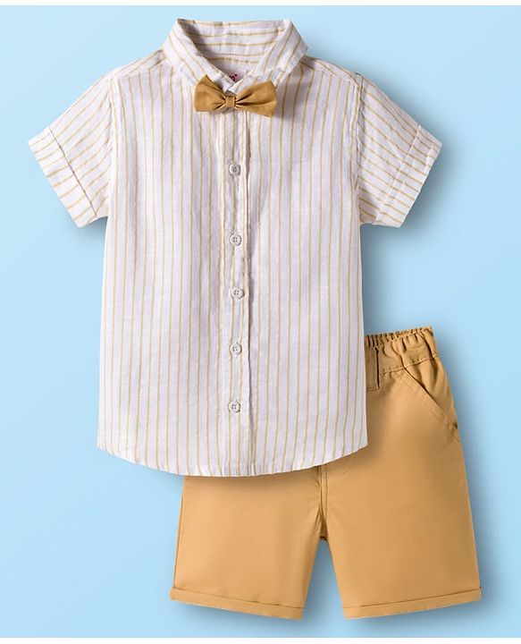 Babyhug Cotton Woven Half Sleeves Front-Open Shirt & Shorts Set with Bow & Stripes Print - White & Yellow