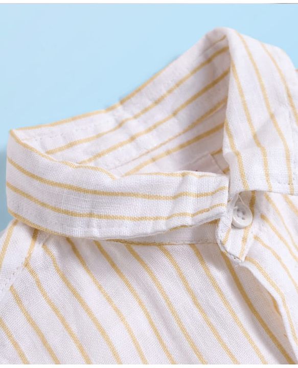 Babyhug Cotton Woven Half Sleeves Front-Open Shirt & Shorts Set with Bow & Stripes Print - White & Yellow
