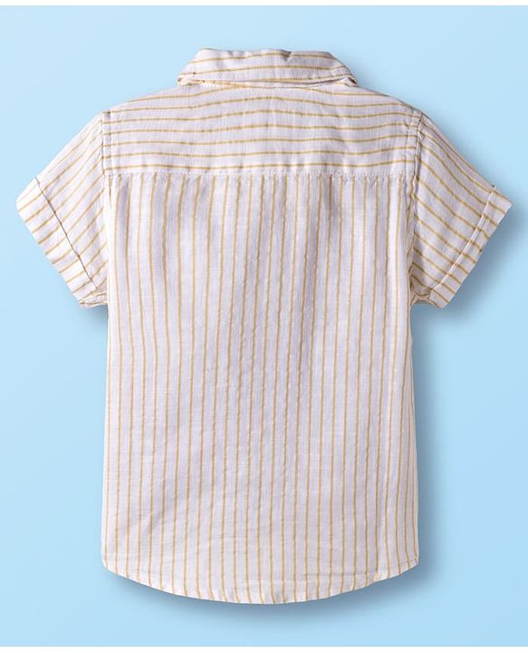 Babyhug Cotton Woven Half Sleeves Front-Open Shirt & Shorts Set with Bow & Stripes Print - White & Yellow