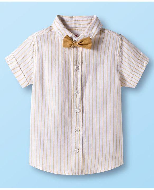 Babyhug Cotton Woven Half Sleeves Front-Open Shirt & Shorts Set with Bow & Stripes Print - White & Yellow