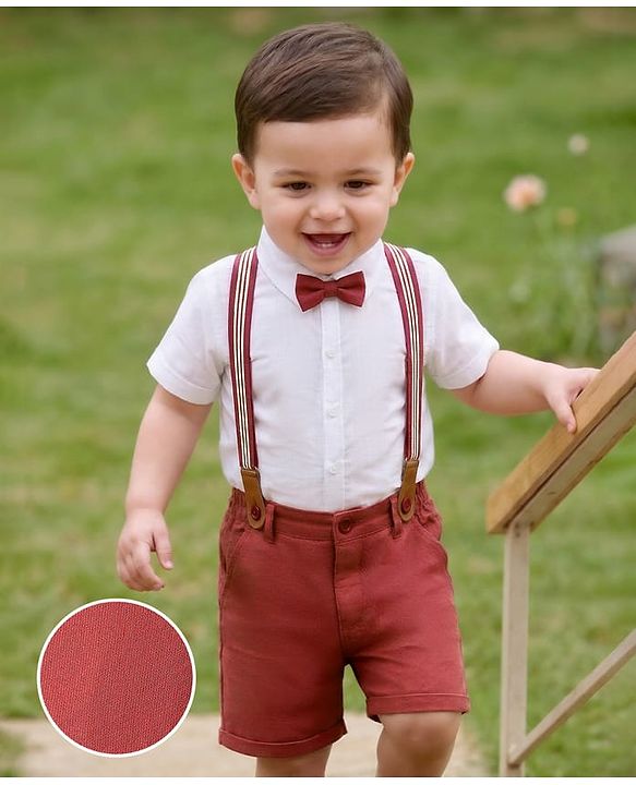 Babyhug Cotton Knit Half Sleeves Solid Color Shirt and Shorts Set with Bow & Suspender - White & Red
