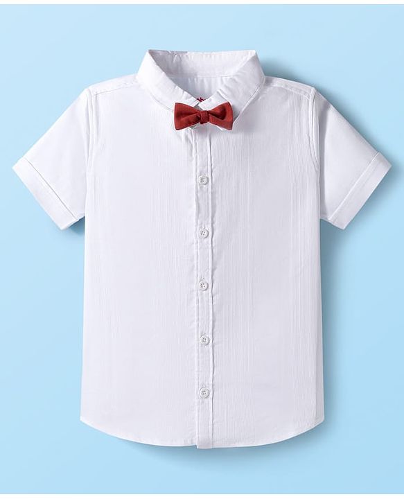 Babyhug Cotton Knit Half Sleeves Solid Color Shirt and Shorts Set with Bow & Suspender - White & Red