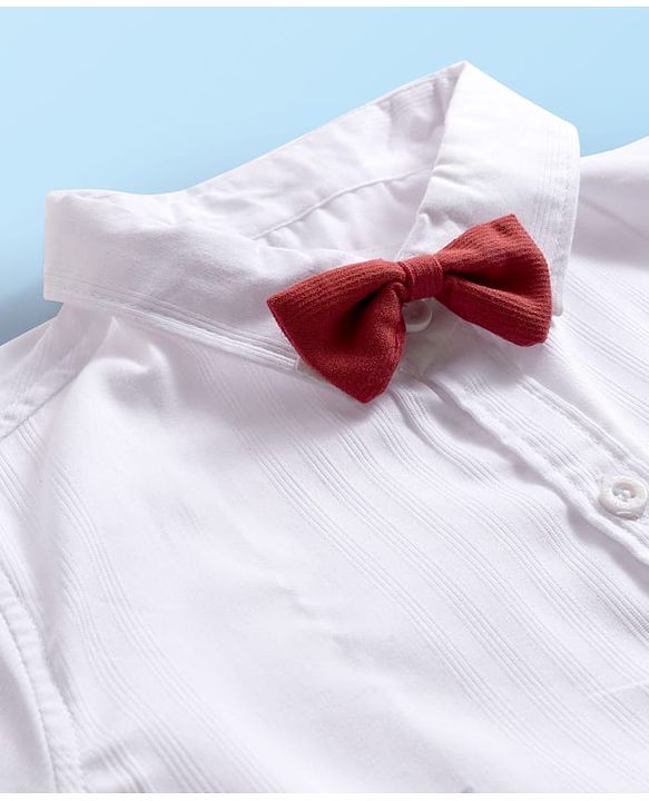 Babyhug Cotton Knit Half Sleeves Solid Color Shirt and Shorts Set with Bow & Suspender - White & Red