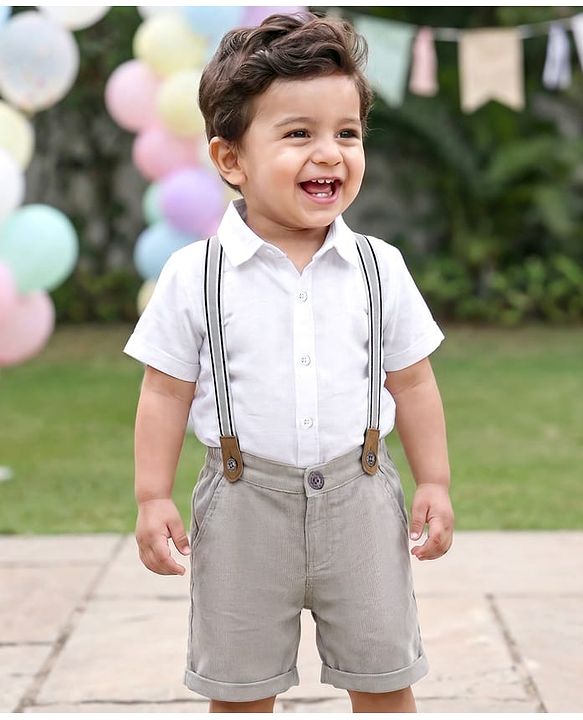Babyhug Cotton Woven Half Sleeves Solid Color Shirt and Shorts Set with Suspender - White & Grey