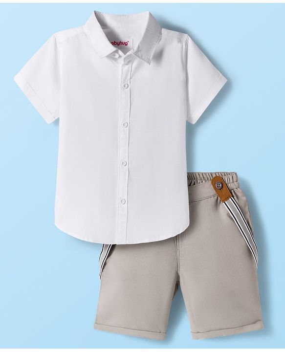 Babyhug Cotton Woven Half Sleeves Solid Color Shirt and Shorts Set with Suspender - White & Grey