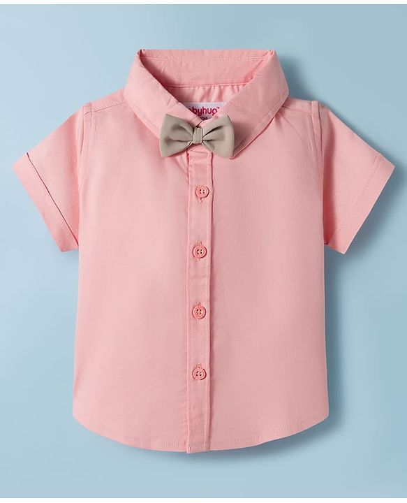 Babyhug Cotton Woven Half Sleeves Shirt & Shorts Set with Bow & Suspender - Light Peach & Beige