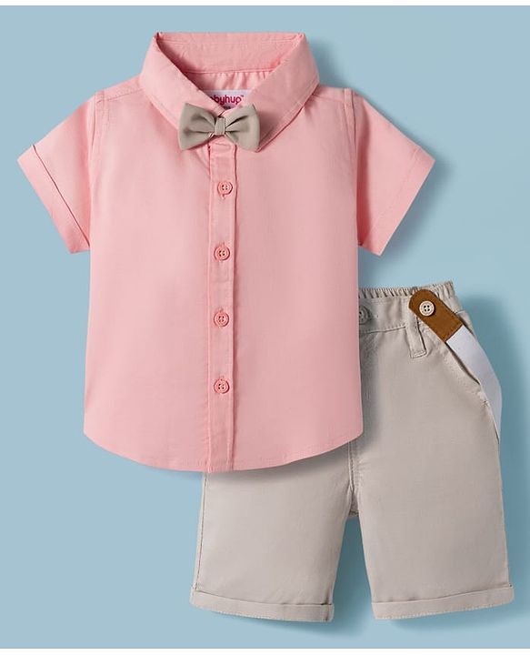 Babyhug Cotton Woven Half Sleeves Shirt & Shorts Set with Bow & Suspender - Light Peach & Beige