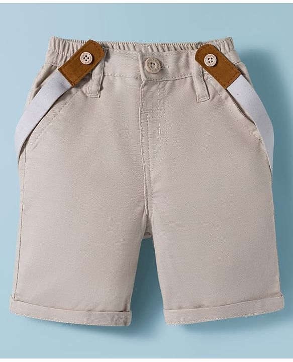 Babyhug Cotton Woven Half Sleeves Shirt & Shorts Set with Bow & Suspender - Light Peach & Beige