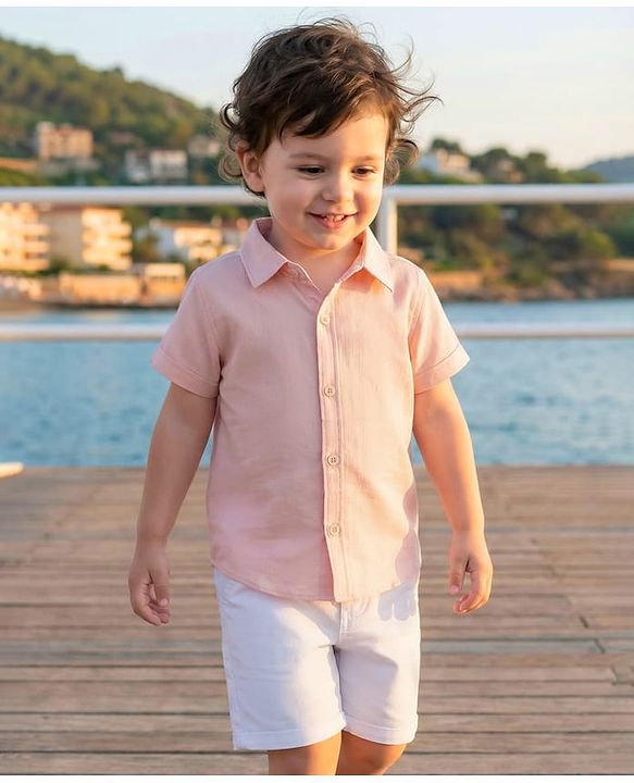 Babyhug Cotton Woven Half Sleeves Front Open Solid Color Shirt and Shorts Set - Light Peach & White