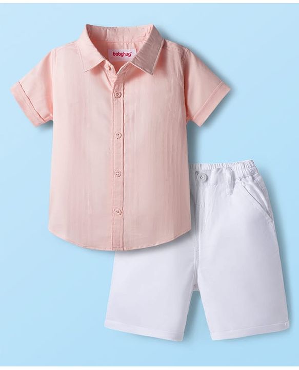 Babyhug Cotton Woven Half Sleeves Front Open Solid Color Shirt and Shorts Set - Light Peach & White