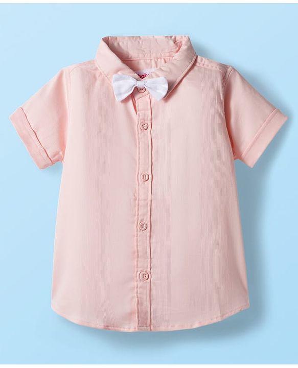 Babyhug Cotton Woven Half Sleeves Front Open Solid Color Shirt and Shorts Set - Light Peach & White