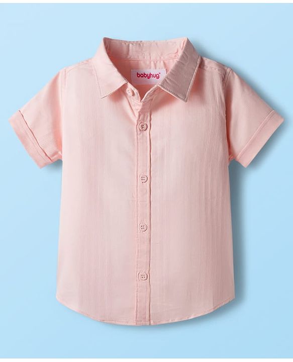 Babyhug Cotton Woven Half Sleeves Front Open Solid Color Shirt and Shorts Set - Light Peach & White