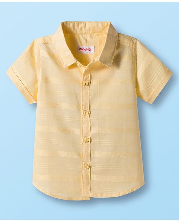 Babyhug Cotton Woven Half Sleeves Front-Open Shirt & Shorts Set with Stripes Design - White & Yellow
