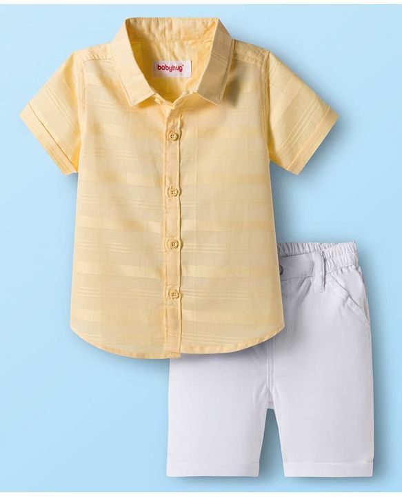 Babyhug Cotton Woven Half Sleeves Front-Open Shirt & Shorts Set with Stripes Design - White & Yellow
