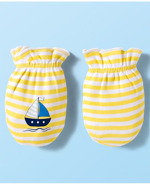 Babyhug 100% Cotton Knit Mittens and Bootie Set with Stripes & Boat Print - White & Yellow