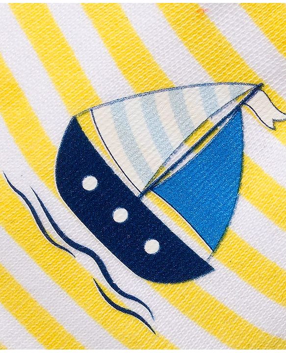 Babyhug 100% Cotton Knit Mittens and Bootie Set with Stripes & Boat Print - White & Yellow