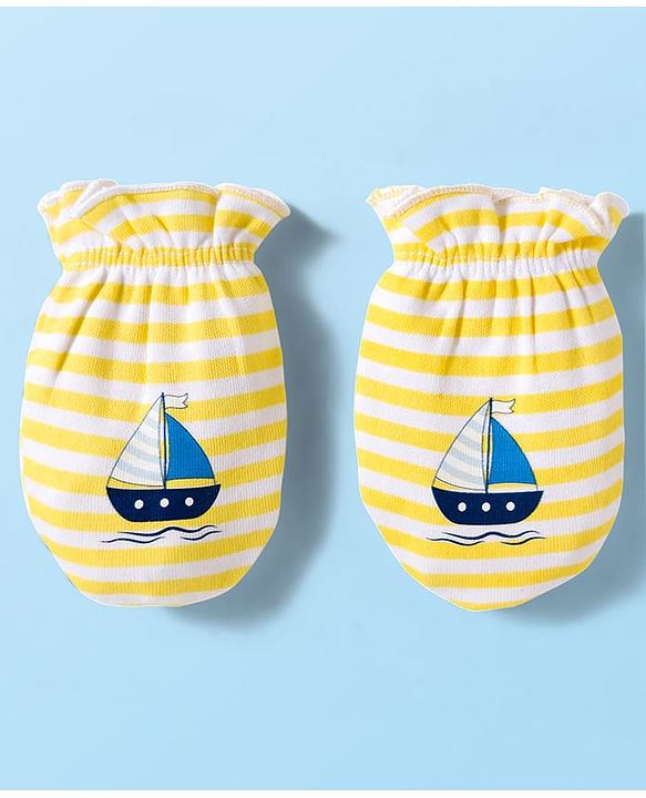 Babyhug 100% Cotton Knit Mittens and Bootie Set with Stripes & Boat Print - White & Yellow