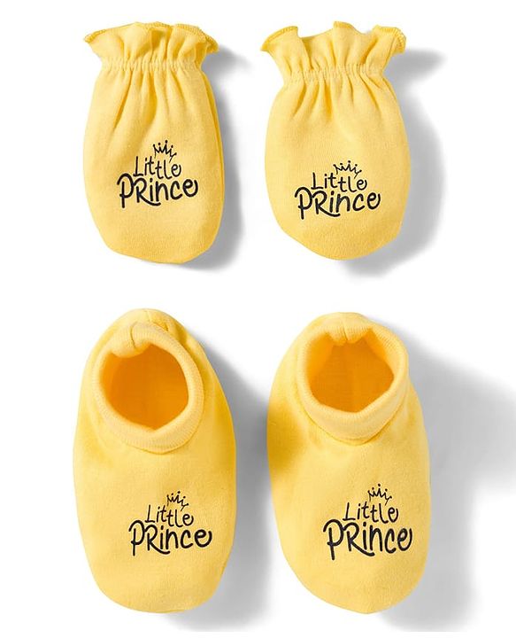 Babyhug 100% Cotton Knit Mittens and Bootie Set with Little Princess Text Print - Yellow
