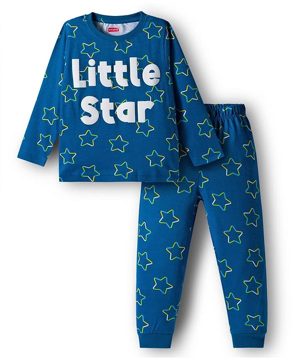 Babyhug Cotton Knit Full Sleeves Night Suit With Little Star Text Print - Navy Blue