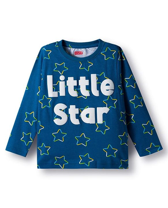 Babyhug Cotton Knit Full Sleeves Night Suit With Little Star Text Print - Navy Blue