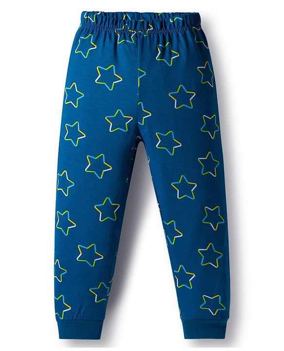 Babyhug Cotton Knit Full Sleeves Night Suit With Little Star Text Print - Navy Blue