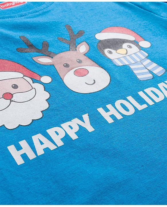 Babyhug Cotton Knit Full Sleeves Night Suit With Santa Print - Blue
