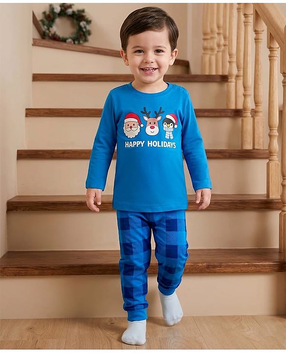 Babyhug Cotton Knit Full Sleeves Night Suit With Santa Print - Blue