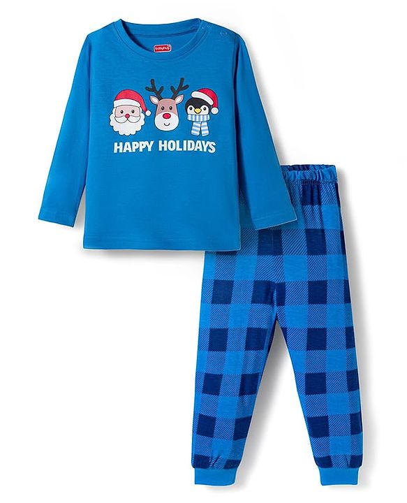 Babyhug Cotton Knit Full Sleeves Night Suit With Santa Print - Blue