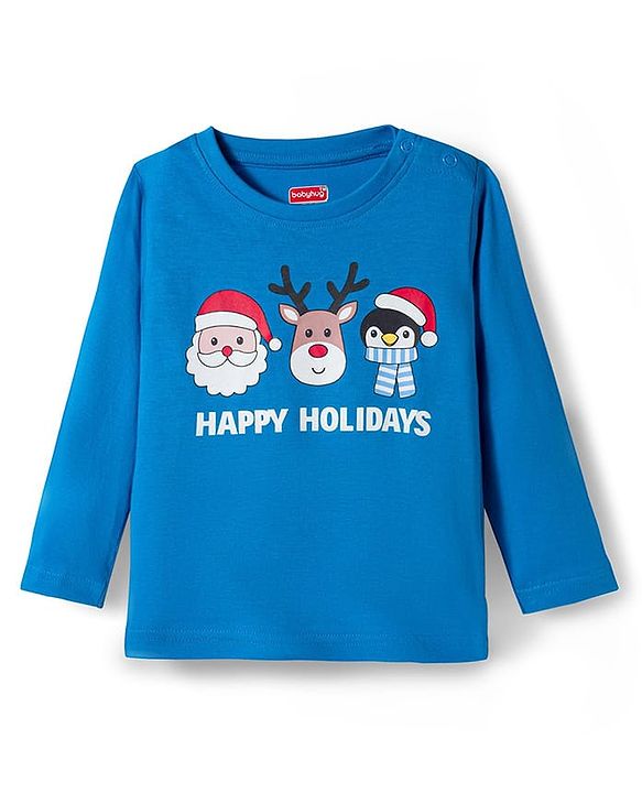 Babyhug Cotton Knit Full Sleeves Night Suit With Santa Print - Blue