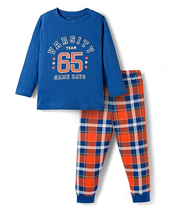 Babyhug Cotton Knit Full Sleeves Night Suit With Text Print - Navy Blue