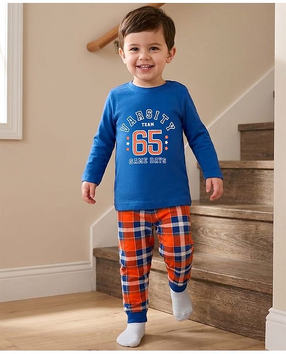 Babyhug Cotton Knit Full Sleeves Night Suit With Text Print - Navy Blue