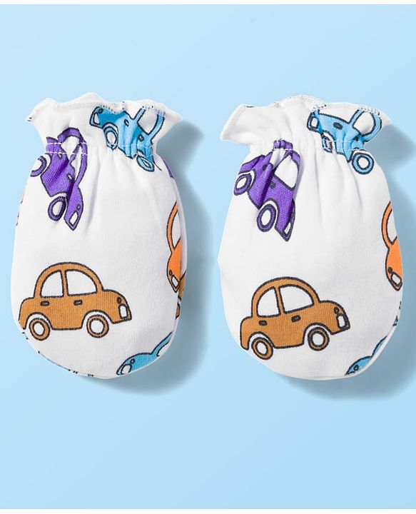 Babyhug 100% Cotton Knit  Mittens & Booties Set with Vehicle Print - White
