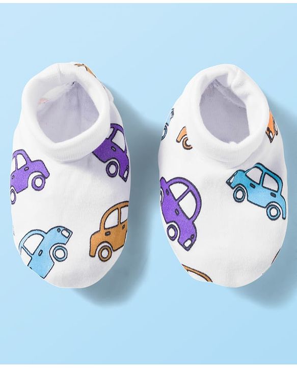 Babyhug 100% Cotton Knit  Mittens & Booties Set with Vehicle Print - White