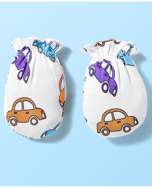 Babyhug 100% Cotton Knit  Mittens & Booties Set with Vehicle Print - White