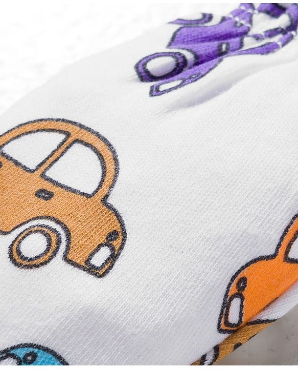Babyhug 100% Cotton Knit  Mittens & Booties Set with Vehicle Print - White