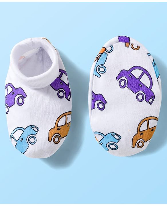 Babyhug 100% Cotton Knit  Mittens & Booties Set with Vehicle Print - White