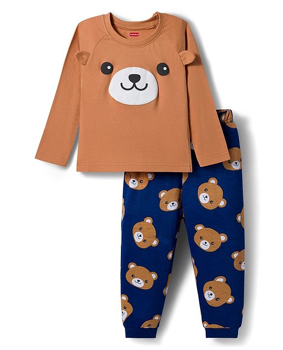 Babyhug Cotton Knit Full Raglan Sleeves Night Suit With Animal Print - Brown