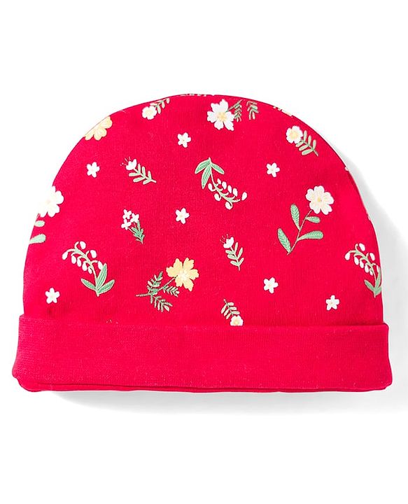 Babyhug 100% Cotton Knit Cap Mittens & Booties With Floral Print Red - Diameter 14.5 cm